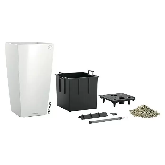 Lechuza Pflanzsäule eckig Cubico Premium - Außenmaß (L x B x H): 22 x 22 x 41 cm, Kunststoff, Weiß, Glänzend - Weißer Lechuza Pflanzkübel mit schwarzen Bewässerungssystem-Komponenten und Lechuza-Pon Substrat zum Bepflanzen.