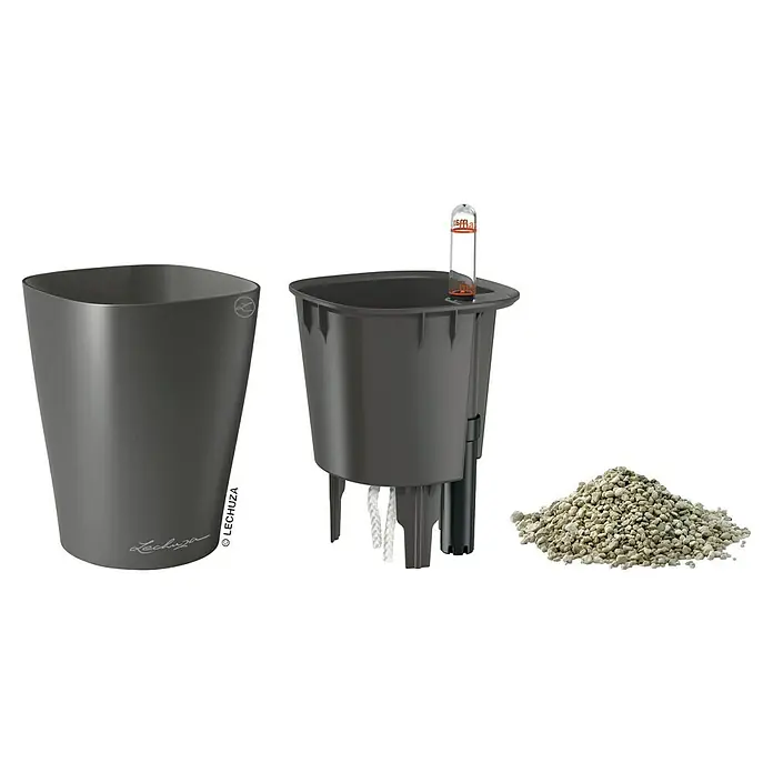 Lechuza Pflanztopf Mini-Deltini - Außenmaß (Ø x H): 10 x 13 cm, Kunststoff, Anthrazit - Lechuza Cube Glossy Triple Komplettset in Grau, bestehend aus Übertopf, Pflanzeinsatz mit Bewässerungssystem und Pon-Substrat.