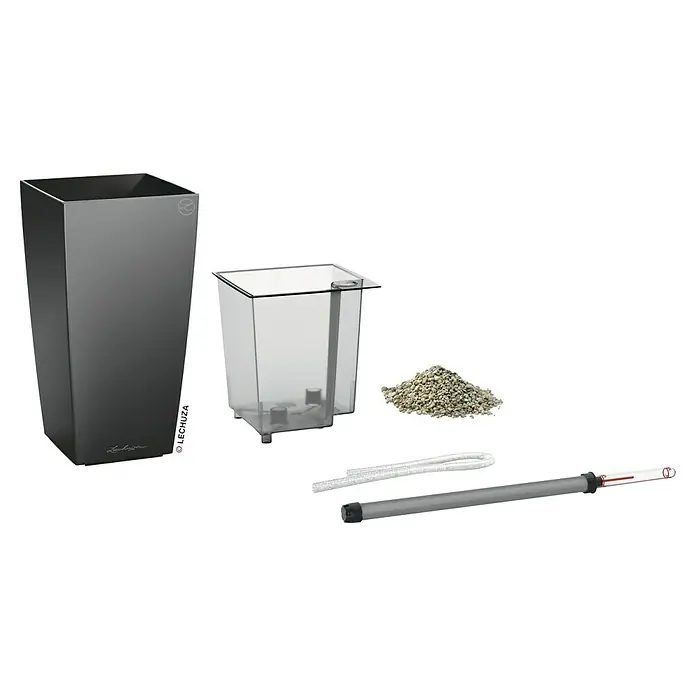 Lechuza Pflanztopf Cubi - Außenmaß (L x B x H): 14 x 14 x 26 cm, Kunststoff, Grau - Produktansicht eines Lechuza Pflanzgefäßes mit Bewässerungssystem, inklusive Innentopf, Substrat und Füllstandsanzeiger für optimale Pflanzenpflege.
