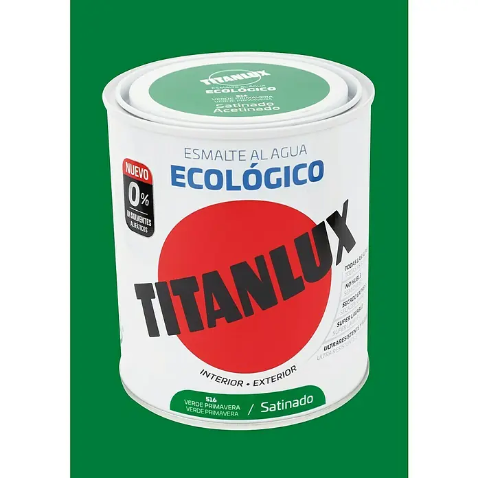 Titanlux Esmalte de color Eco - Verde primavera, Satinado, 750 ml, Base de agua - Bote de esmalte al agua Titanlux "Verde Primavera", pintura ecológica para interior/exterior, con acabado satinado.