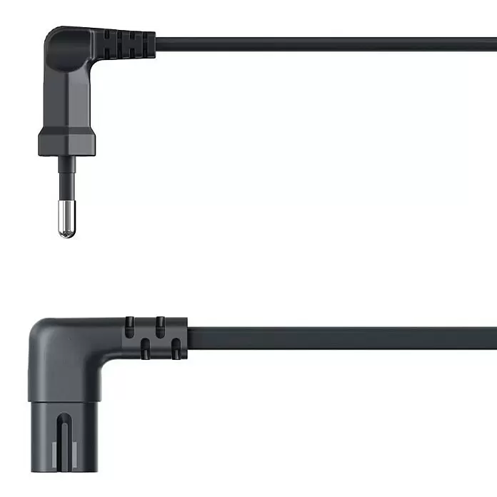 Hama Netzkabel 90° gewinkelt Doppelnut C7 - Schwarz, Länge: 3 m, Eurostecker, 2,5 A - Schwarzes Audiokabel mit gewinkeltem 3,5-mm-Klinkenstecker und gewinkeltem Spezialstecker.