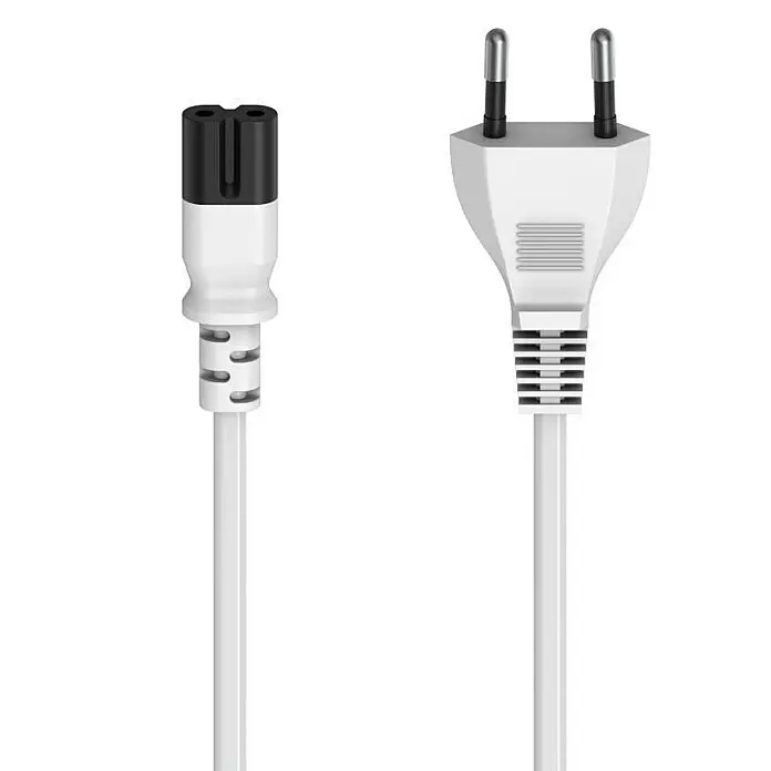 Hama Netzkabel - Weiß/Schwarz, Länge: 1,5 m, Eurostecker - Weißes Netzkabel mit C7-Stecker an einem Ende und zweipoligem Eurostecker am anderen.