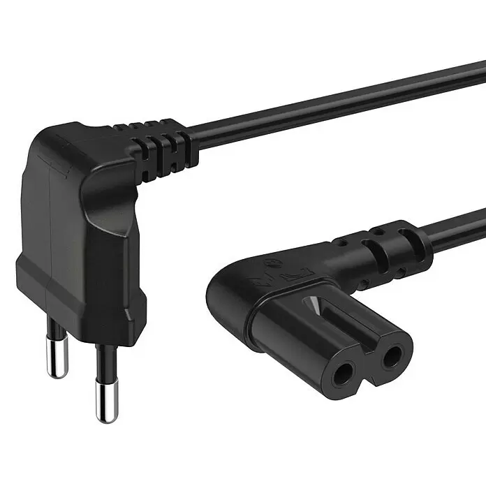 Hama Netzkabel 90° gewinkelt Doppelnut C7 - Schwarz, Länge: 3 m, Eurostecker, 2,5 A - Schwarzes Stromkabel mit gewinkeltem Eurostecker und gewinkeltem C7-Kabelanschluss.