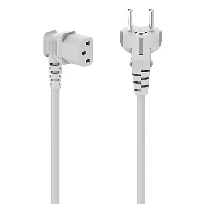 Hama Netzkabel für Kaltgeräte, 90° gewinkelt - Weiß, Länge: 5 m, Schutzkontakt-Stecker - Weißes Stromkabel mit gewinkeltem Kaltgerätestecker (C13) und Schukostecker.