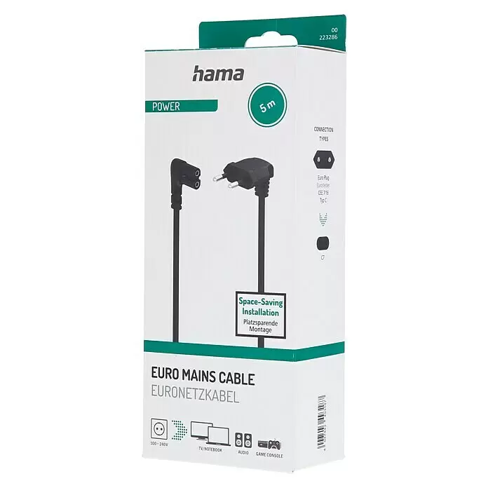 Hama Netzkabel 90° gewinkelt Doppelnut C7 - Schwarz, Länge: 5 m, Eurostecker, 2,5 A - Hama 5m schwarzes abgewinkeltes Euro Netzkabel (CEE 7/16 auf C7) für TV, Audio, Konsolen.