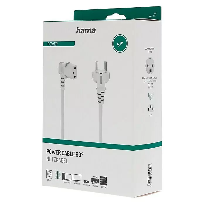 Hama Netzkabel für Kaltgeräte, 90° gewinkelt - Weiß, Länge: 5 m, Schutzkontakt-Stecker - Weißes Hama 90-Grad-Netzkabel (Schuko CEE 7/7 zu C13) 5m, auf Verpackung dargestellt.