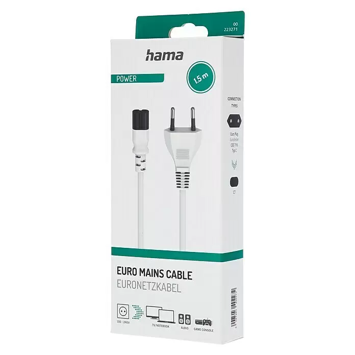 Hama Netzkabel - Weiß/Schwarz, Länge: 1,5 m, Eurostecker - Weißes Hama Euro-Netzkabel (1,5m) mit Typ C Eurostecker und C7-Kupplung, in weiß-grüner Verpackung.