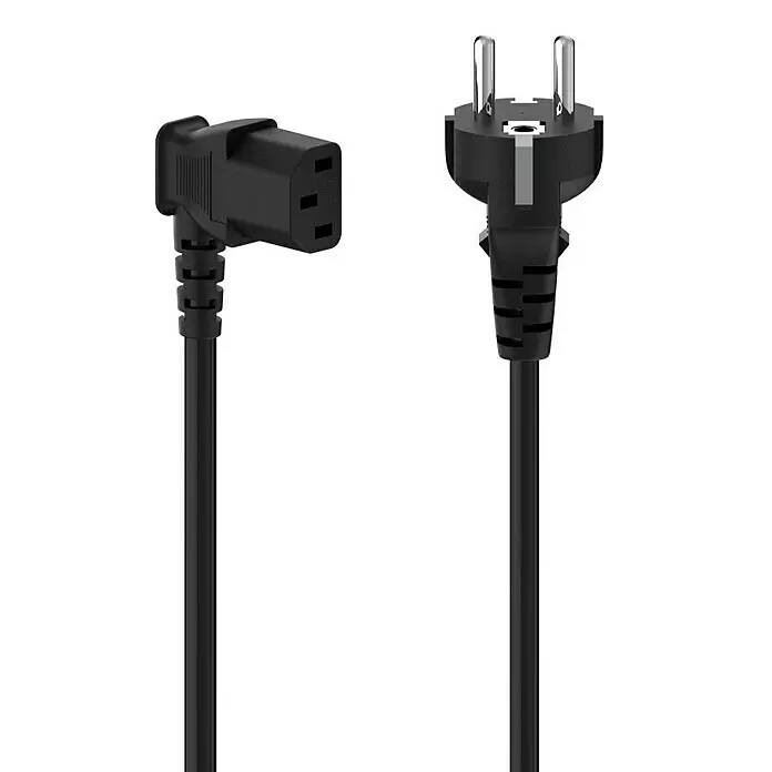 Hama Netzkabel für Kaltgeräte, 90° gewinkelt - Schwarz, Länge: 5 m, Schutzkontakt-Stecker - Schwarzes Netzkabel mit gewinkeltem C13-Stecker und europäischem Schuko-Stecker.