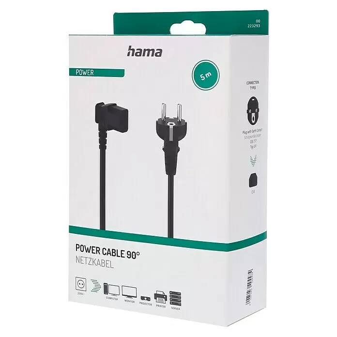 Hama Netzkabel für Kaltgeräte, 90° gewinkelt - Schwarz, Länge: 5 m, Schutzkontakt-Stecker - Schwarzes Hama Netzkabel (5m, CEE 7/7 auf C13 90°) in weißer Verkaufsverpackung mit grünen Akzenten.