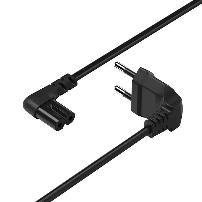 Hama Netzkabel 90° gewinkelt Doppelnut C7 - Weiß/Schwarz, Länge: 1,5 m, Eurostecker, 2,5 A - Schwarzes Stromkabel mit Eurostecker und C7-Buchse für elektronische Geräte, perfekt für den Anschluss an Steckdosen und Geräte.