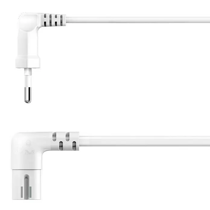 Hama Netzkabel 90° gewinkelt Doppelnut C7 - Weiß, Länge: 5 m, Eurostecker, 2,5 A - Weißes Kabel mit zwei verschiedenen 90-Grad-Winkelsteckern; einer mit U-förmigem Stift, der andere mit flachen Stiften.