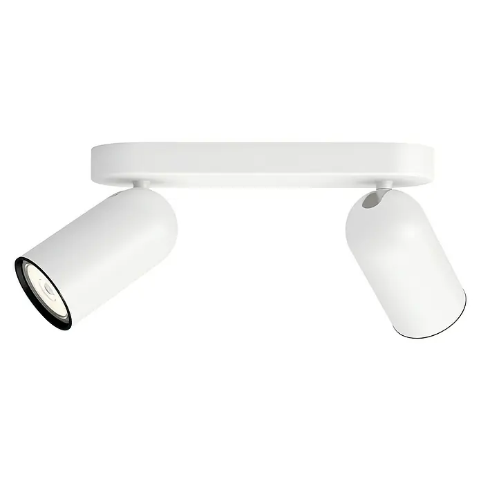 Philips Regleta Pongee - 10 W, L x An x Al: 8,2 x 24 x 12,2 mm, Blanco, GU10, 2 ud. - Primer plano de un foco de techo doble blanco con focos ajustables.