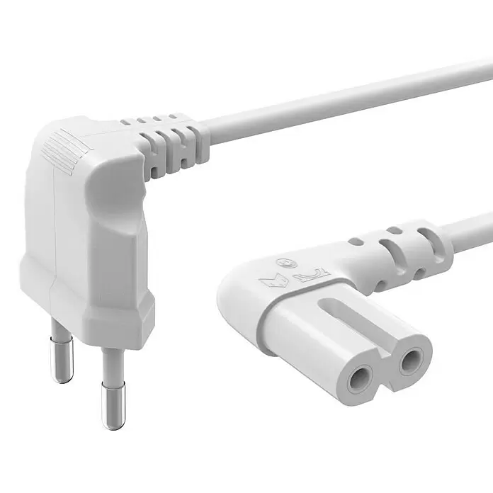 Hama Netzkabel 90° gewinkelt Doppelnut C7 - Weiß, Länge: 5 m, Eurostecker, 2,5 A - Weißes, abgewinkeltes Eurostecker-C7-Netzkabel.