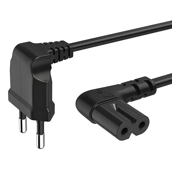 Hama Netzkabel 90° gewinkelt Doppelnut C7 - Weiß/Schwarz, Länge: 1,5 m, Eurostecker, 2,5 A - Schwarzes Netzkabel mit rechtwinkligem Eurostecker und C7-Kupplung.