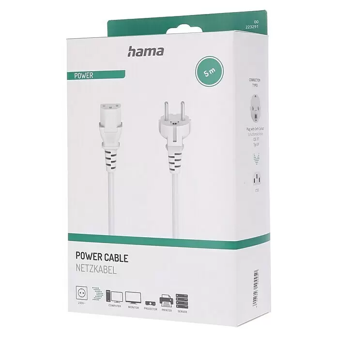 Hama Netzkabel für Kaltgeräte - Weiß, Länge: 5 m, Schutzkontakt-Stecker - Weißes Hama Netzkabel, 5m, mit CEE 7/7 Stecker und C13 Anschluss, in Einzelhandelsverpackung.