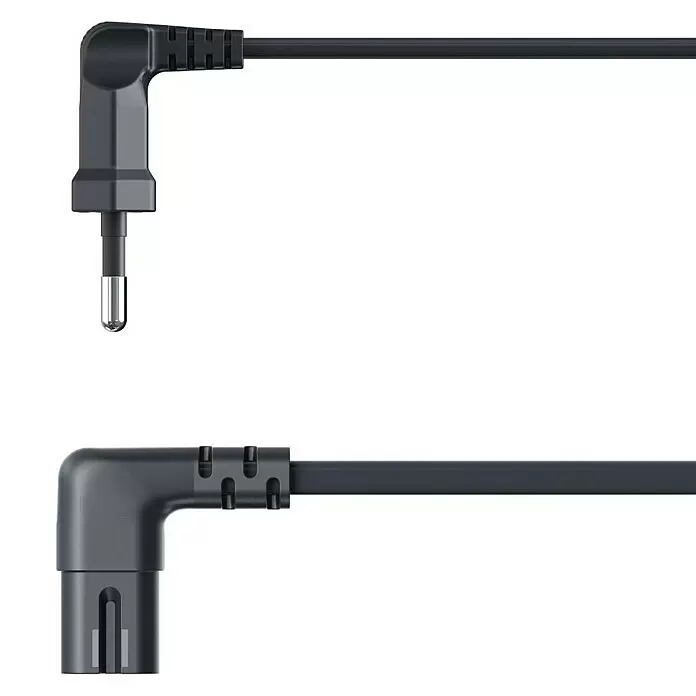 Hama Netzkabel 90° gewinkelt Doppelnut C7 - Weiß/Schwarz, Länge: 1,5 m, Eurostecker, 2,5 A - Dunkelgraues rechtwinkliges Audio-/Datenkabel mit Stecker und Buchse.