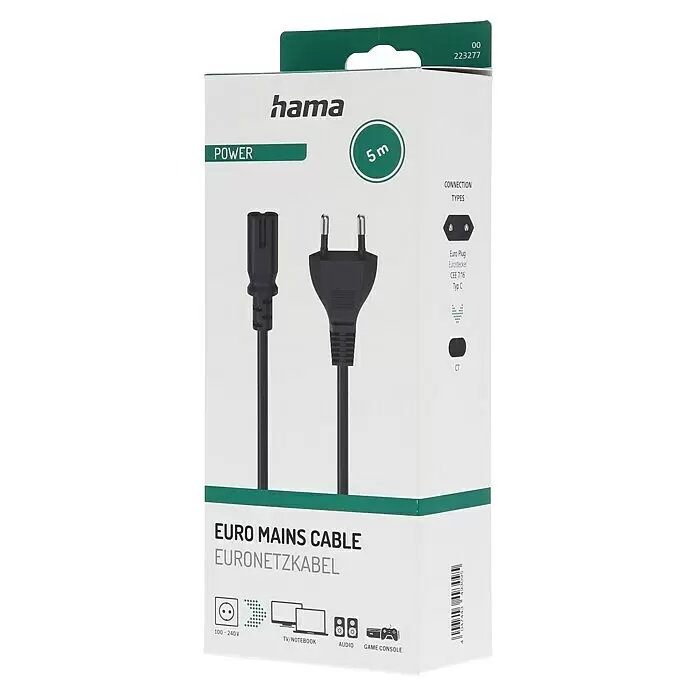 Hama Netzkabel - Schwarz, Länge: 5 m, Eurostecker - Schwarzes Hama Euro Netzkabel, 5m, mit Eurostecker und C7-Anschluss für diverse Elektronikgeräte.