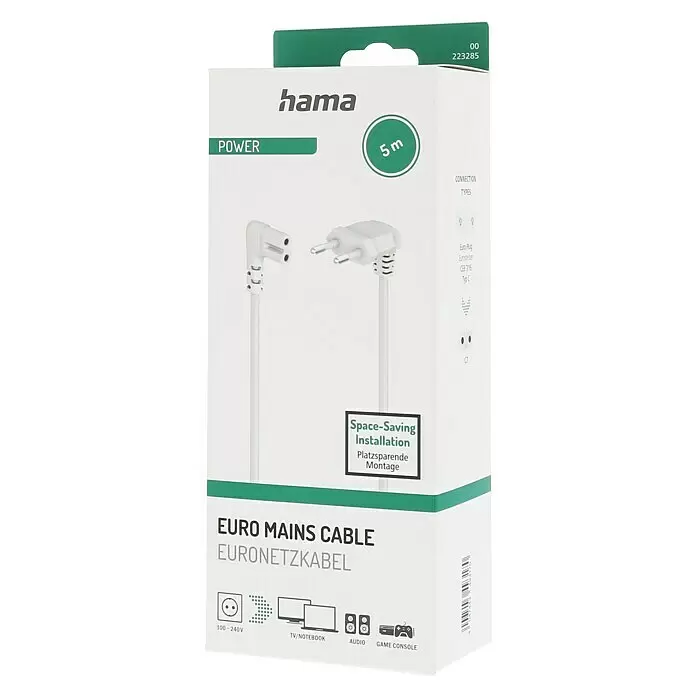 Hama Netzkabel 90° gewinkelt Doppelnut C7 - Weiß, Länge: 5 m, Eurostecker, 2,5 A - Weißes Hama 5m Euro-Netzkabel mit platzsparenden Winkelsteckern für TVs, Notebooks, Audio und Spielkonsolen (100-240V).