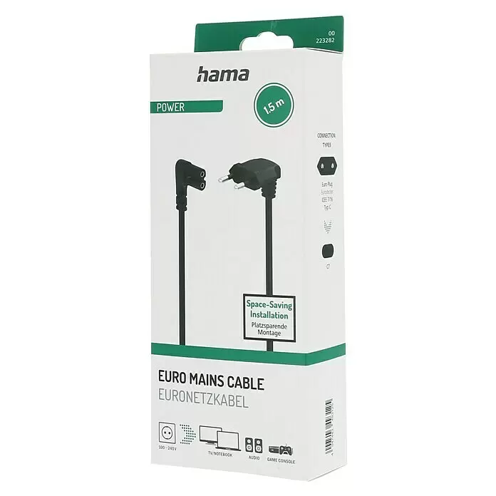 Hama Netzkabel 90° gewinkelt Doppelnut C7 - Weiß/Schwarz, Länge: 1,5 m, Eurostecker, 2,5 A - Schwarzes Hama 1,5m abgewinkeltes Euro-Netzkabel mit C7-Anschluss für platzsparende Installation an diversen Geräten.