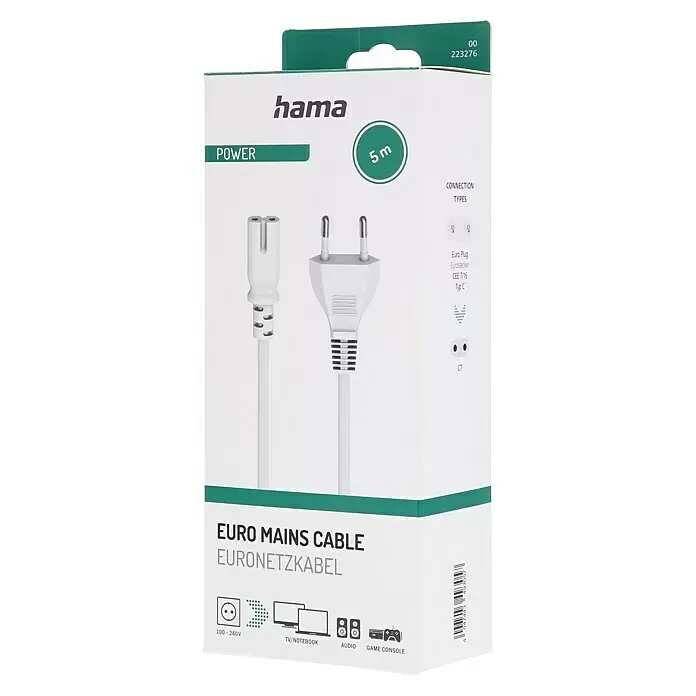 Hama Netzkabel - Weiß, Länge: 5 m, Eurostecker - Weißes Hama 5m Euro-Netzkabel mit CEE 7/16 (Typ C) Eurostecker und C7-Anschluss.