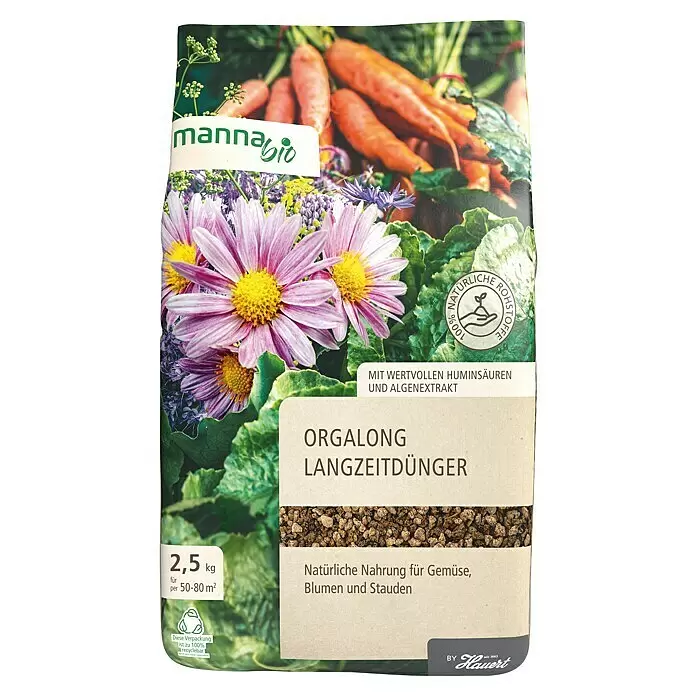 Manna Bio Universaldünger Orgalong - 2,5 kg, Max. Anwendungsfläche: 40 m² - Beutel mit mannabio ORGALONG Langzeitdünger, organisch, mit Karotten und Blumen abgebildet. 2,5 kg.