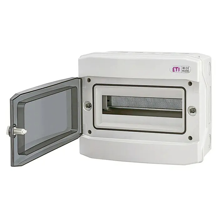 ETI Aufputz-Verteiler Feuchtraum ECH-12PT - Anzahl Reihen: 1 Stk., 31,9 x 25,9 cm, Lichtgrau - Der ETI-Verteilerkasten mit transparenter Tür bietet eine sichere und übersichtliche Lösung für Ihre Elektroinstallationen.