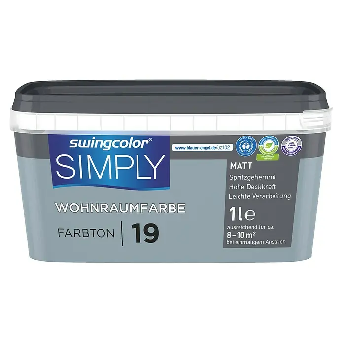 swingcolor Wandfarbe SIMPLY - Blau - Nr. 19, 1 l - Ein Eimer Swingcolor Simply Wohnraumfarbe in Farbton 19. Die Farbe ist matt und für den Innenbereich geeignet. Inhalt: 1 Liter.