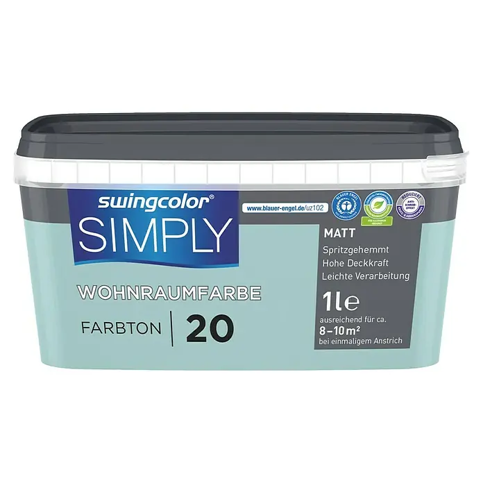 swingcolor Wandfarbe SIMPLY - Blau - Nr. 20, 1 l - Abbildung eines Eimers Swingcolor Simply Wohnraumfarbe, Farbton 20, mit einem Fassungsvermögen von 1 Liter. Die Farbe ist matt und für Innenräume geeignet.