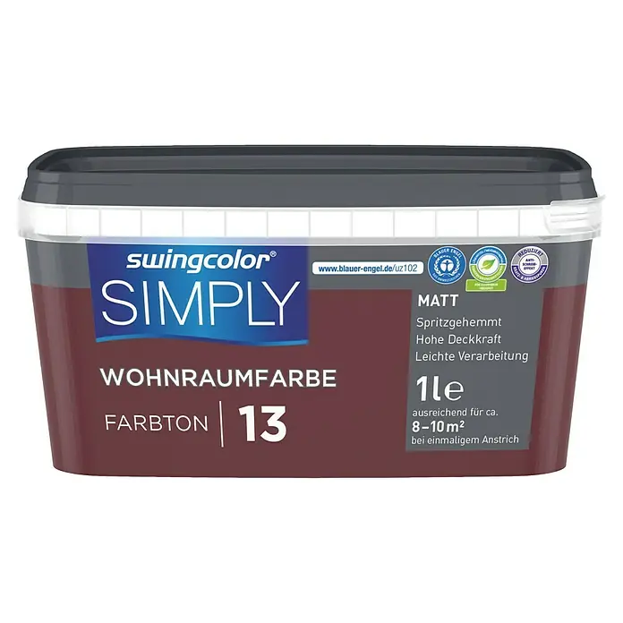 swingcolor Wandfarbe SIMPLY - Rot - Nr. 13, 1 l - Eimer Swingcolor Simply Wohnraumfarbe Farbton 13, matte Farbe für Innenräume, ideal für Wände und Decken, hohe Deckkraft und einfache Verarbeitung.