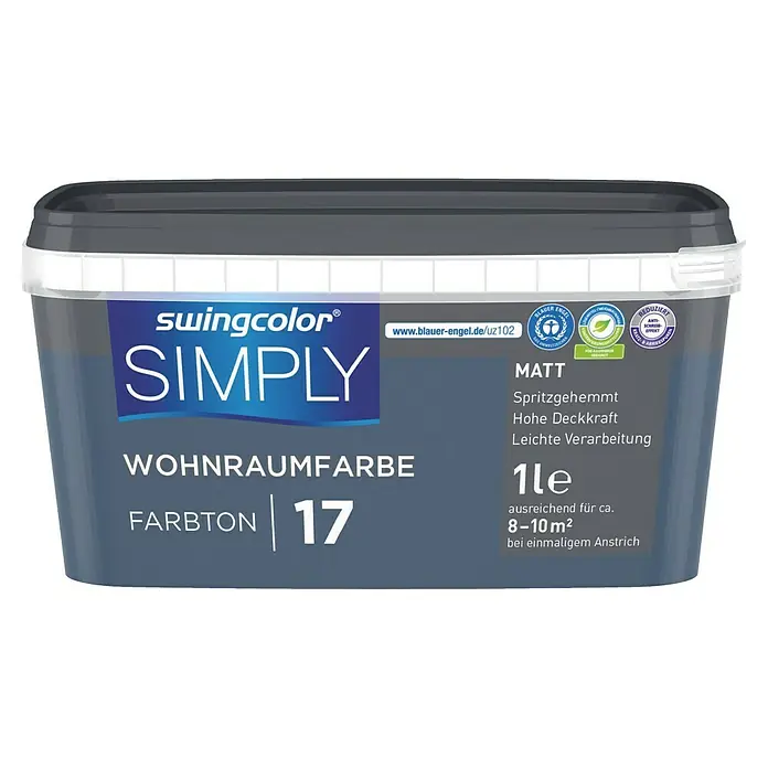 swingcolor Wandfarbe SIMPLY - Blau - Nr. 17, 1 l - Ein grauer Eimer Swingcolor Simply Wohnraumfarbe Farbton 17, ideal für Innenräume, mit hoher Deckkraft und leichter Verarbeitung.