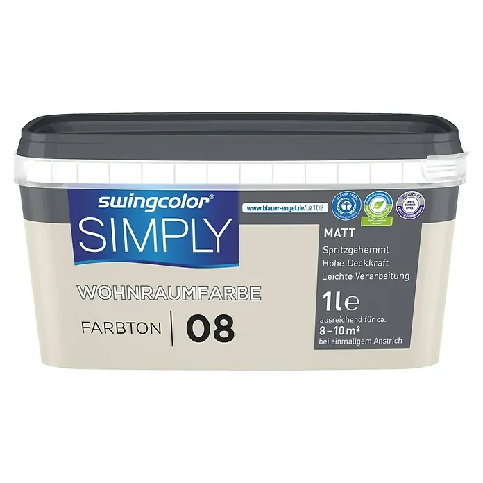 swingcolor Wandfarbe SIMPLY - Greige - Nr. 08, 1 l - Farbdose Swingcolor Simply Wohnraumfarbe, Farbton 08, matt, 1 Liter, ausreichend für ca. 8-10 m².