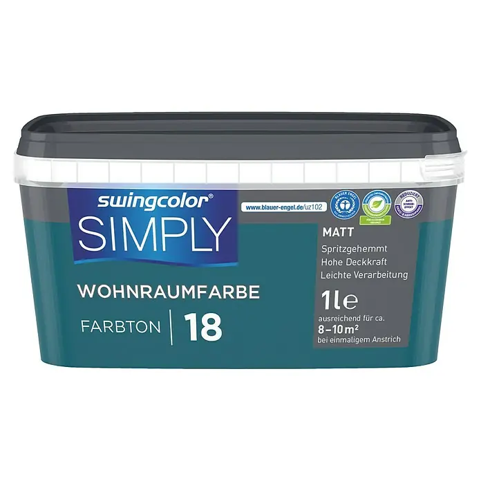 swingcolor Wandfarbe SIMPLY - Blau - Nr. 18, 1 l - Abbildung eines Eimers Swingcolor Simply Wohnraumfarbe, Farbton 18, mit mattem Finish, geeignet für den Innenbereich und mit hoher Deckkraft.