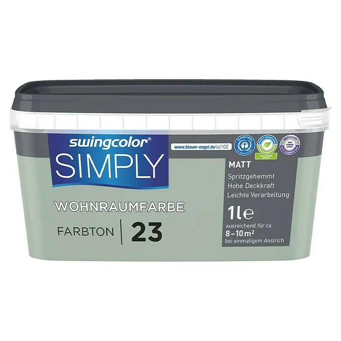 swingcolor Wandfarbe SIMPLY - Grün - Nr. 23, 1 l - Eimer Swingcolor Simply Wohnraumfarbe Farbton 23, matte Farbe, geeignet für Innenräume, 1 Liter Inhalt für 8-10 m² bei einmaligem Anstrich.