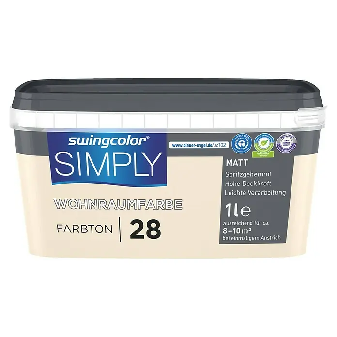 swingcolor Wandfarbe SIMPLY - Gelb - Nr. 28, 1 l - Abbildung einer Dose Swingcolor Simply Wandfarbe in Matt, Farbton 28, ausreichend für 8-10 m² bei einmaligem Anstrich.