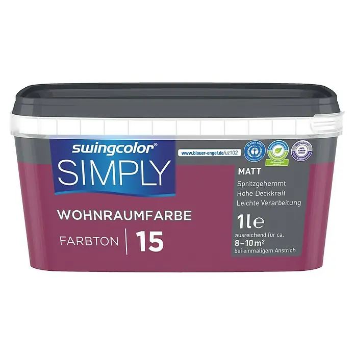 swingcolor Wandfarbe SIMPLY - Rot - Nr. 15, 1 l - Farbeimer "swingcolor SIMPLY" in Lila, Farbton 15. Matte Wandfarbe für Innenräume mit hoher Deckkraft, spritzgehemmt und leichter Verarbeitung.