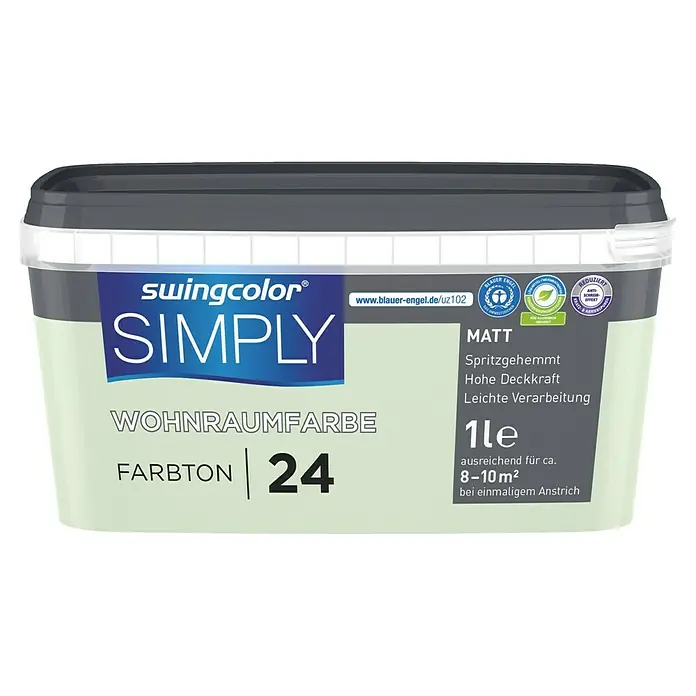 swingcolor Wandfarbe SIMPLY - Grün - Nr. 24, 1 l - Dose Swingcolor Simply Wohnraumfarbe, Farbe 24. Matte, spritzgehemmte Farbe mit hoher Deckkraft, geeignet für ca. 8-10 m² bei einmaligem Anstrich.