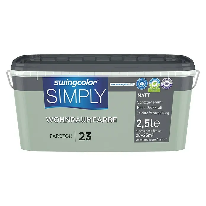 swingcolor Wandfarbe SIMPLY - Grün - Nr. 23, 2,5 l - Farbeimer Swingcolor Simply Wohnraumfarbe Farbton 23, matt, 2,5 l für den Innenbereich, spritzgehemmt und mit hoher Deckkraft.