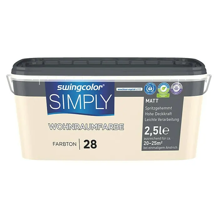 swingcolor Wandfarbe SIMPLY - Gelb - Nr. 28, 2,5 l - Dose Swingcolor Simply Wohnraumfarbe, Farbton 28, Matt, 2,5l. Geeignet für ca. 20-25m² bei einmaligem Anstrich.