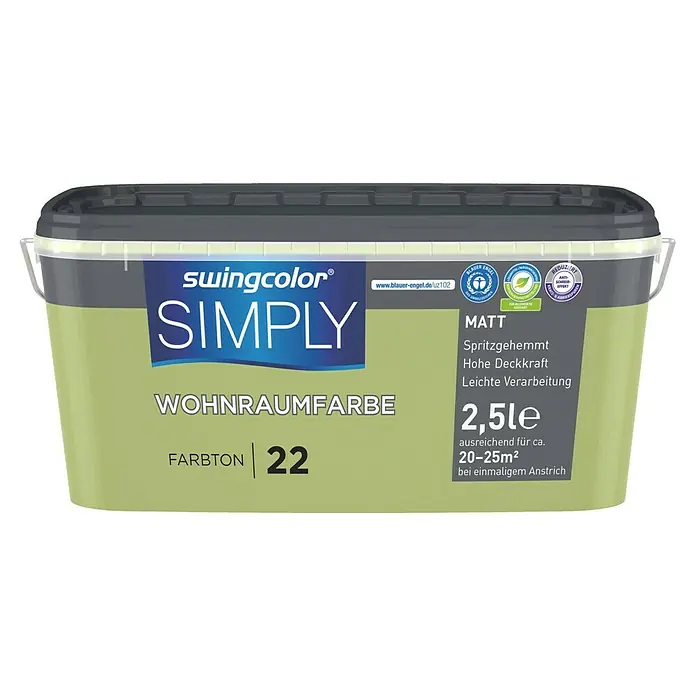 swingcolor Wandfarbe SIMPLY - Grün - Nr. 22, 2,5 l - Farbeimer von Swingcolor Simply Wohnraumfarbe, Farbton 22, matt, 2,5 Liter für Innenräume mit hoher Deckkraft und leichter Verarbeitung.