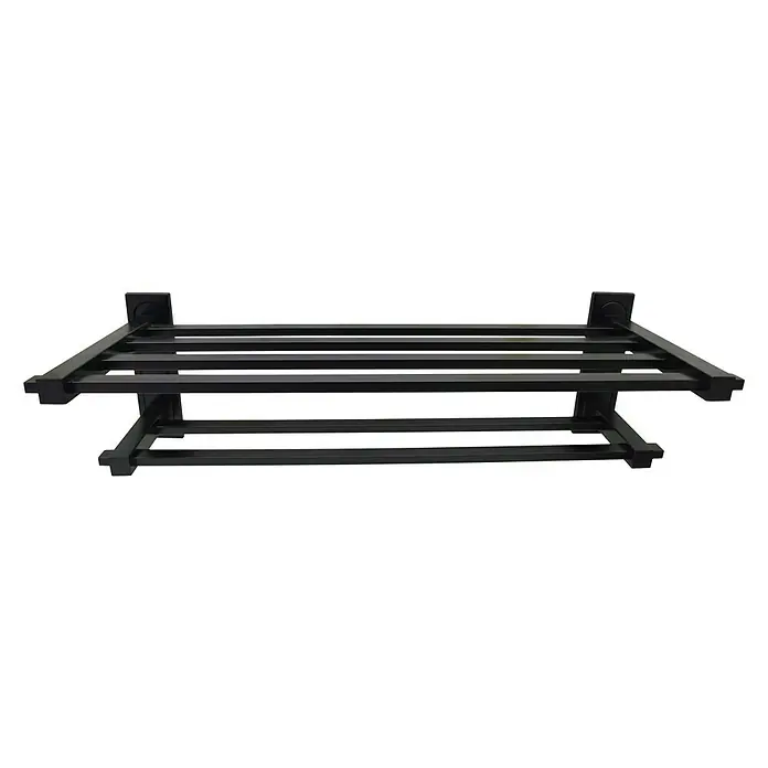 Portatoallas - Con barra toallero - Toallero de pared metálico con estante para baño, de color negro.