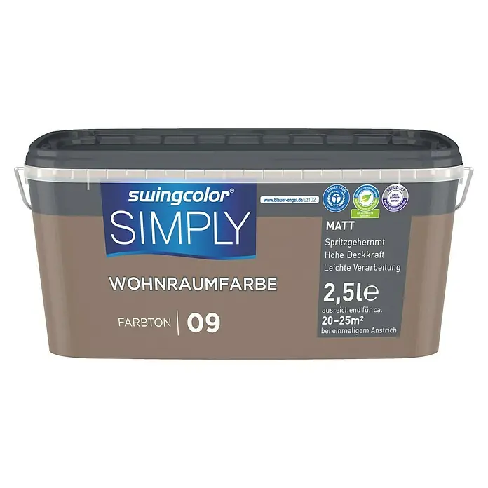 swingcolor Wandfarbe SIMPLY - Braun - Nr. 09, 2,5 l - Dose Swingcolor Simply Wohnraumfarbe Farbton 09, matt, 2,5 Liter für den Innenbereich. Spritzgehemmt, hohe Deckkraft, leichte Verarbeitung.