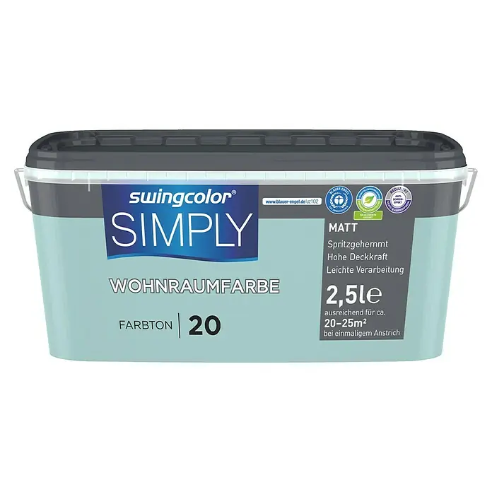 swingcolor Wandfarbe SIMPLY - Blau - Nr. 20, 2,5 l - Abbildung eines 2,5-Liter-Eimers Swingcolor Simply Wohnraumfarbe Farbton 20. Matte Farbe mit hoher Deckkraft und leichter Verarbeitung.