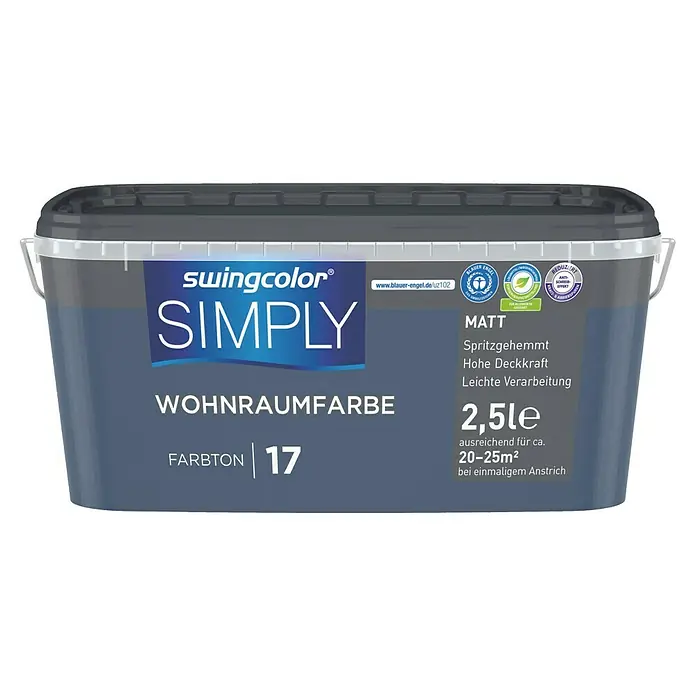 swingcolor Wandfarbe SIMPLY - Blau - Nr. 17, 2,5 l - Ein Eimer Swingcolor Simply Wohnraumfarbe im Farbton 17, ideal für Innenräume, matt, spritzgehemmt und mit hoher Deckkraft für 20-25m².