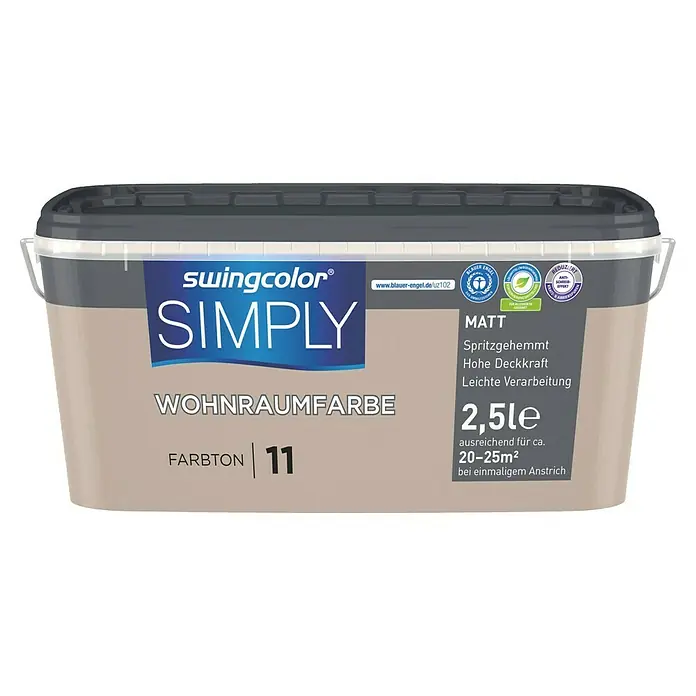 swingcolor Wandfarbe SIMPLY - Braun - Nr. 11, 2,5 l - Abbildung eines 2,5-Liter-Eimers Swingcolor Simply Wohnraumfarbe Farbton 11, eine matte Farbe für Innenräume mit hoher Deckkraft.