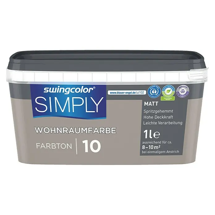 swingcolor Wandfarbe SIMPLY - Braun - Nr. 10, 1 l - Eimer Swingcolor Simply Wohnraumfarbe Farbton 10, matte Innendispersionsfarbe für Wände und Decken, 1 Liter für ca. 8-10 m².