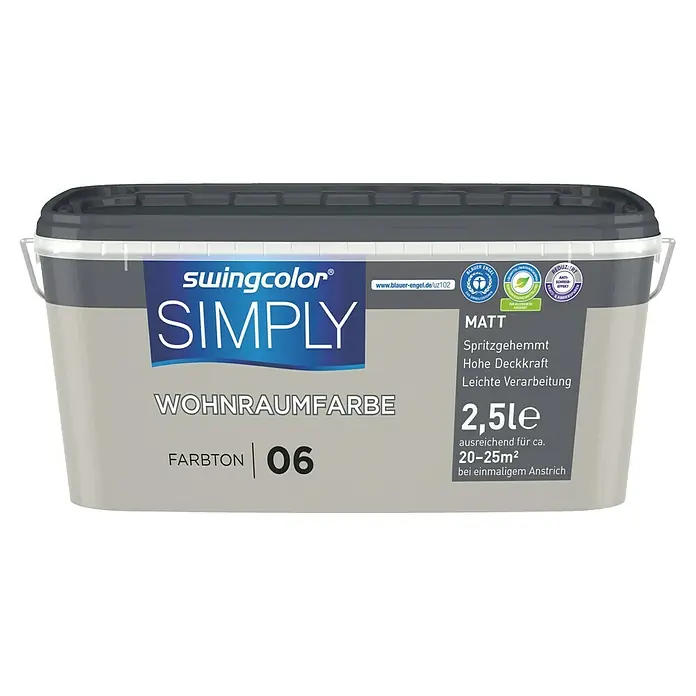 swingcolor Wandfarbe SIMPLY - Greige - Nr. 06, 2,5 l - Farbdose Swingcolor Simply Wohnraumfarbe Farbton 06 Matt mit 2,5 Litern Inhalt, ideal für Wände und Decken im Innenbereich.