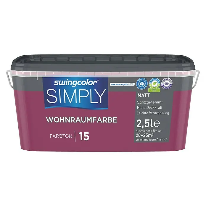 swingcolor Wandfarbe SIMPLY - Rot - Nr. 15, 2,5 l - Abbildung eines Eimers Swingcolor Simply Wohnraumfarbe, Farbton 15, mit mattem Finish und einem Inhalt von 2,5 Litern.