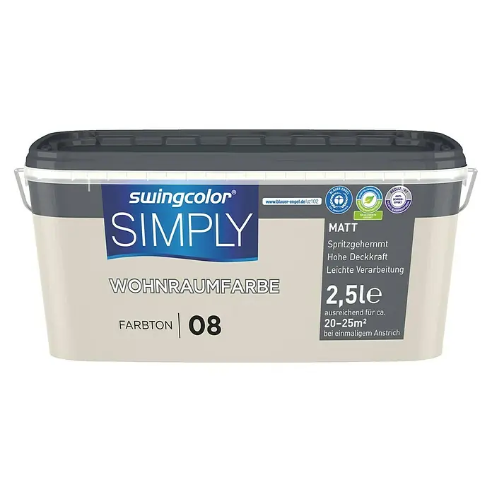 swingcolor Wandfarbe SIMPLYGreige - Nr. 08, 2,5 l - Dose Swingcolor Simply Innenfarbe Farbton 08, 2,5 l. Die matte Wandfarbe ist emissionsarm, lösemittelfrei und ideal für den Innenbereich.
