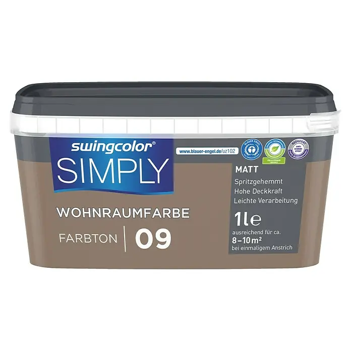 swingcolor Wandfarbe SIMPLY - Braun - Nr. 09, 1 l - Farbeimer der Marke Swingcolor Simply, Farbton 09, geeignet für Wohnräume. Die matte Farbe bietet eine hohe Deckkraft und ist leicht zu verarbeiten.