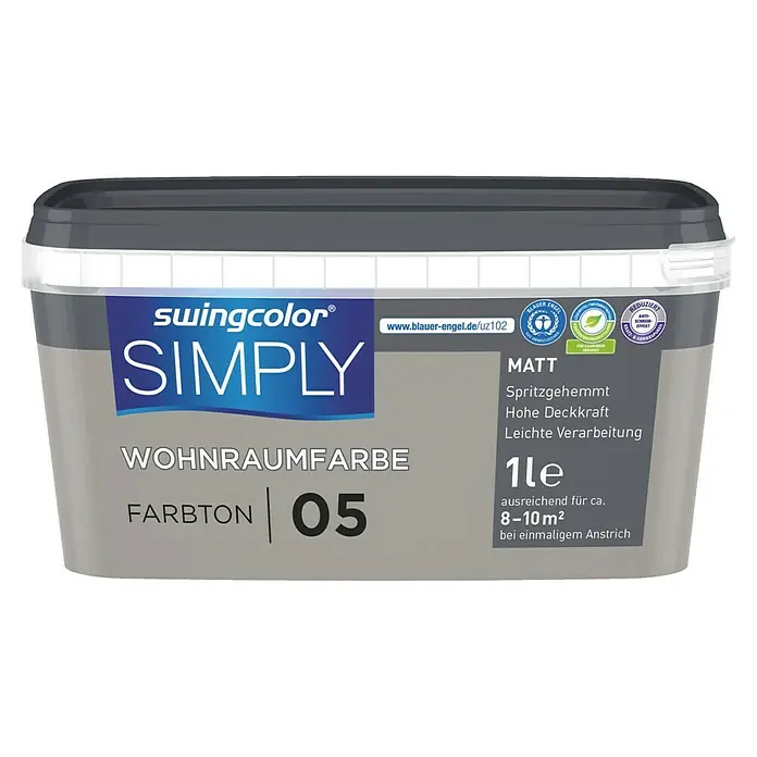 swingcolor Wandfarbe SIMPLY - Greige - Nr. 05, 1 l - Eimer mit Swingcolor Simply Wohnraumfarbe Farbton 05. Die matte Farbe ist spritzgehemmt, deckt gut und ist leicht zu verarbeiten.